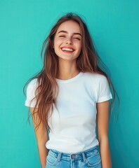 Fototapeta premium Young woman smiling brightly against a vibrant turquoise wall backdrop