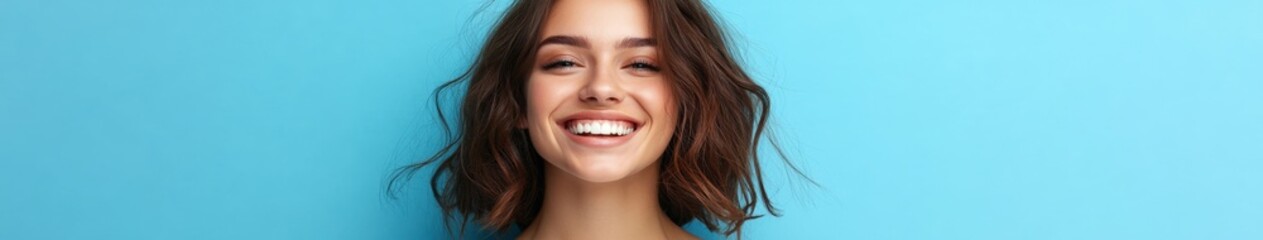 Obraz premium Smiling young woman with brown hair poses against a blue backdrop