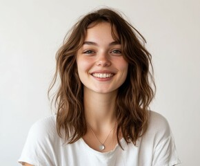 Young woman with wavy hair smiles warmly against a neutral background