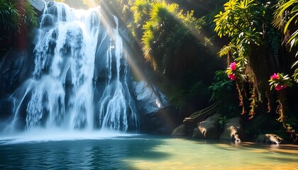 A powerful waterfall cascading into a clear pool, surrounded by dense jungle vegetation, generative ai