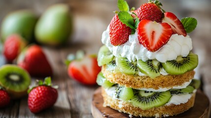 Kiwi and strawberry shortcake with whipped cream, against a rustic farm table background