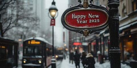 A bustling city street covered in a blanket of snow with people walking by, featuring a prominent sign wishing Happy New Year 2025