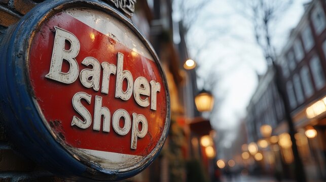 A vintage barber shop sign prominently displayed on a rustic street as the evening lights begin to glow, showcasing a nostalgic atmosphere in a charming neighborhood