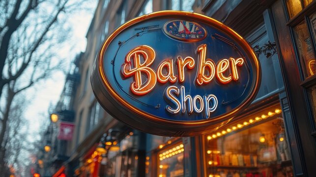 A lively street scene with a vintage-style barber shop sign illuminated by warm glowing lights, capturing the nostalgic charm of the bustling urban environment