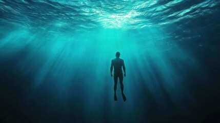 Fototapeta premium Silhouette of a Diver in Deep Blue Water with Sunlight Rays