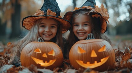 Fototapeta premium Halloween Celebrations with Witches and Pumpkins in an Autumn Forest Setting