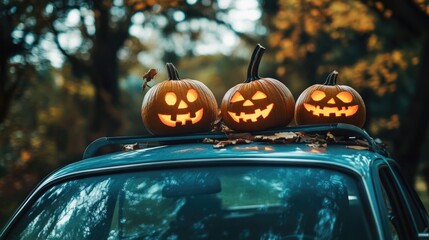 Car with three carved pumpkins on the roof