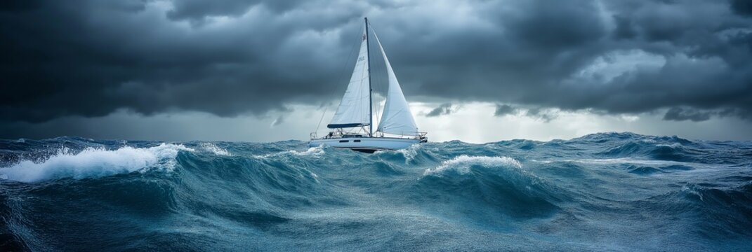 A white sailboat is in the middle of a rough sea. The waves are crashing and the sky is dark and cloudy. Scene is one of danger and uncertainty