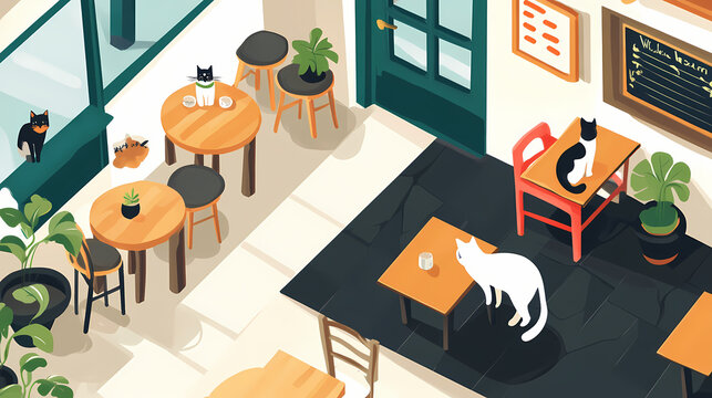 Cat cafe interior scene flat design top view urban leisure theme cartoon drawing vivid. Flat Design. Illustration