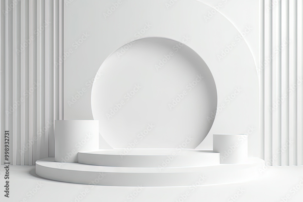 Poster pedestal in the room in white color with geometric shapes. podium for product showcase with geometri