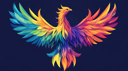 Fototapeta premium Clean vector illustration of a rainbow-colored phoenix rising, symbolizing rebirth and pride. Phoenix Rising. Illustration