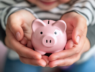 A joyful child holds a pink piggy bank while sitting on a cozy bed, emphasizing the importance of saving money at home