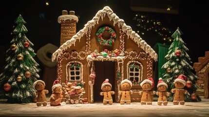 Fototapeta premium Gingerbread House with Festive Decor and Gingerbread People