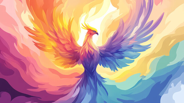 Clean vector illustration of a rainbow-colored phoenix rising, symbolizing rebirth and pride. Phoenix Rising. Illustration