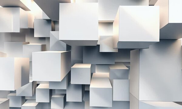 Abstract 3D white cubes animation with minimalist motion design. Smooth, random cube movement creates a modern, clean, and geometric visual perfect for tech or business concepts.