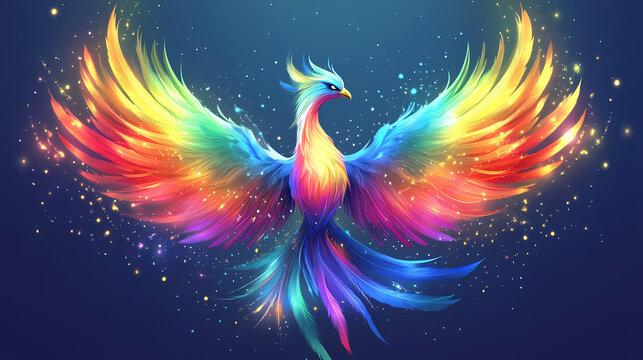 Clean vector illustration of a rainbow-colored phoenix rising, symbolizing rebirth and pride. Phoenix Rising. Illustration