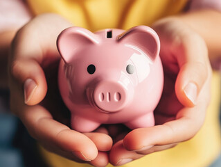 A joyful child holds a pink piggy bank while sitting on a cozy bed, emphasizing the importance of saving money at home