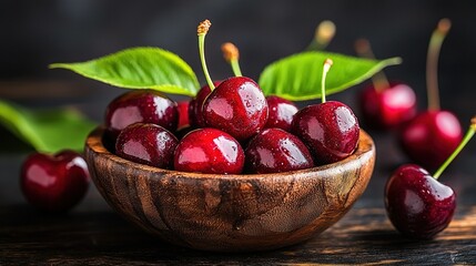   A cherry-filled wooden bowl sits atop a wooden table alongside another cherry bowl Green leaves adorn the top of the first bowl