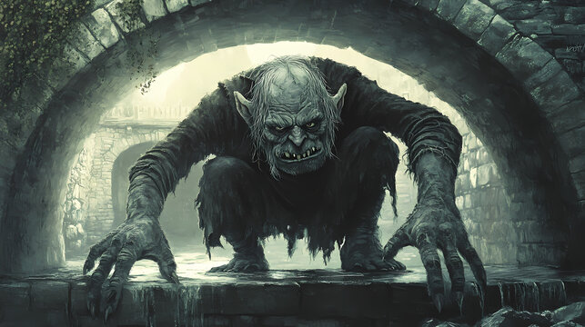 A troll with long fingers and an ugly face crouches under the bridge. Troll Bridge. Illustration