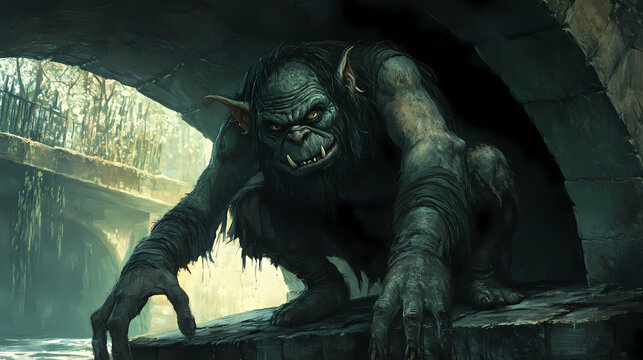 A troll with long fingers and an ugly face crouches under the bridge. Troll Bridge. Illustration