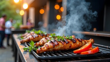 Grilled chicken skewers with herbs in a vibrant outdoor setting.