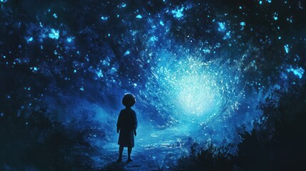 Obraz premium A Solitary Figure Gazing at a Glowing Portal in a Mystical Forest