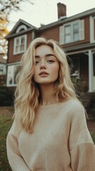 Young woman with long blonde hair poses outside a vintage house in autumn