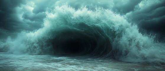A dramatic image of a tsunami wave approaching the shore, showing the destructive power of water, tsunami wave, water destruction