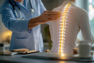 Detailed examination of spinal health during a patient consultation in a modern medical clinic setting