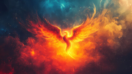 Fototapeta premium An abstract image of a phoenix rising towards the sky, symbolizing resurgence. image. Phoenix Rising. Illustration