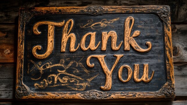 A beautifully crafted vintage wooden sign with the words Thank You elegantly carved and engraved in decorative cursive font, exuding a sense of gratitude