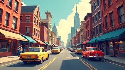 Obraz premium Vibrant city street with classic yellow taxis and iconic skyline in the background.