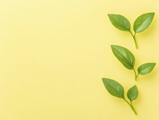 Trio of Lush Green Leaves Against a Bright Yellow Background, Showcasing Natures Vibrant Colors and Textures in a Fresh and Inviting Composition