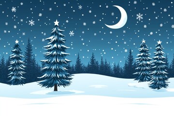 Fototapeta premium Snowy forest scene featuring Christmas trees under a crescent moon and stars, set against a deep blue sky, capturing the peaceful beauty of the winter holiday season.