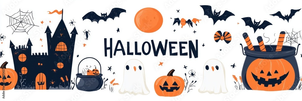 Wall mural flat halloween elements set isolated on white background, featuring pumpkins and ghosts with text 