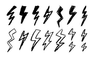 Set of lightning by wax pencil drawing. Collection of handdrawing chalk , light flash signs, Doodle thunder bolts, black color design elements. Graffiti style weather symbols. Vector illustration