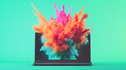 A laptop computer with a colorful explosion coming out of the screen.