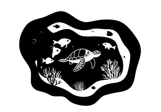 recommend clip art: The silhouette of an ocean turtle and a paper cut underwater landscape with seaweeds and animals, on a modern background. An underwater universe or coral reef life, with stingrays, starfish, and sea