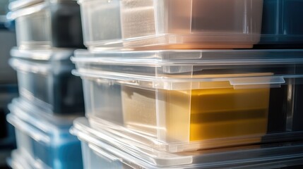 A translucent plastic storage box, stacked neatly with contents faintly visible