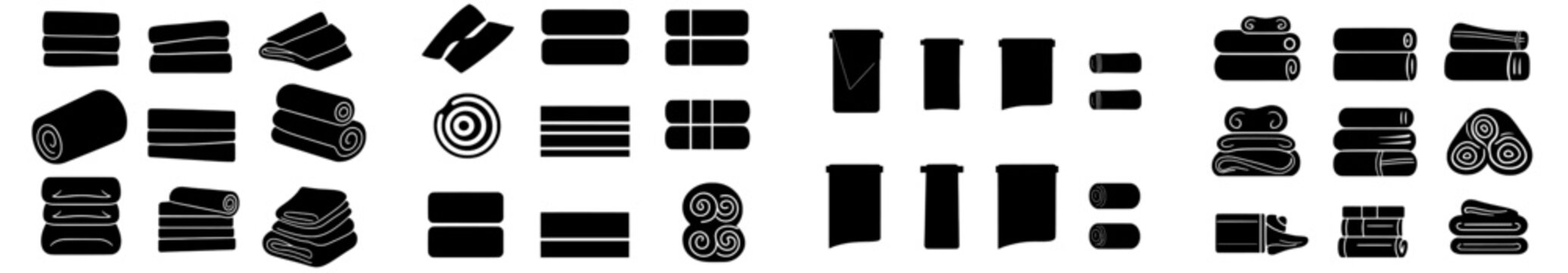 recommend clip art: Icons of black towels for bathrooms and kitchens. Household fabrics in rolls, piles, and on wall. Neoteric silhouettes of black towels.