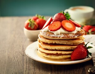 Fluffy pancake with strawberry and cream on a kitchen table, vintage ambiance