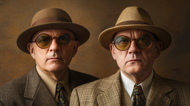 Two identical men, dressed in vintage suits and hats, with glasses, standing side by side, creating a mysterious and intriguing look with a vintage aesthetic.