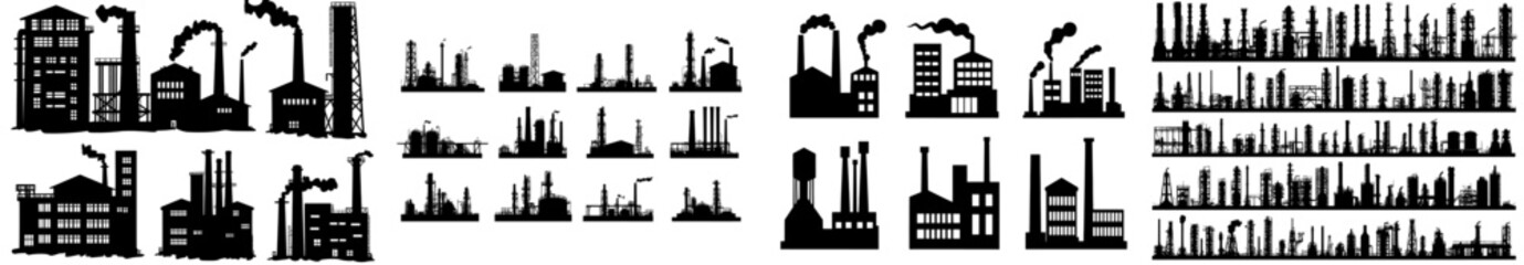 The factory, manufacturing plant, and warehouse icons are black silhouettes