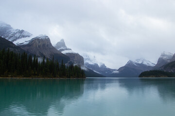 Mountain Maligne full of snow in Autumn, from Maligne Lake, Canada