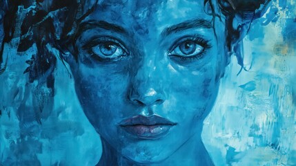 Blue-toned Portrait Painting of a Woman's Face