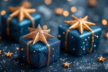 Blue and gold presents topped with glittering star ornaments resting on pine branches, surrounded by small glowing lights and snowflakes, creating a magical holiday display.