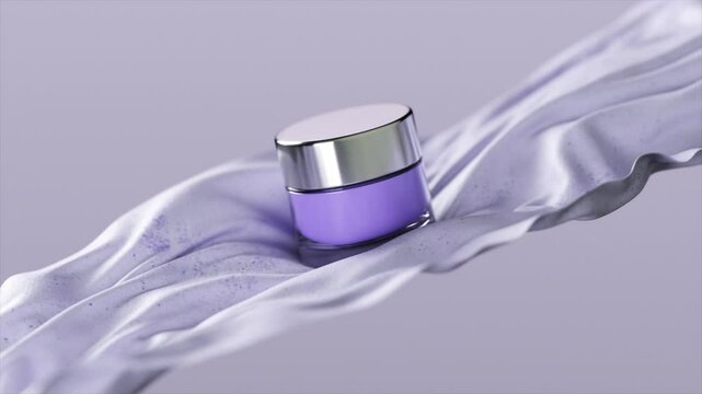 Rotating purple cosmetic cream jar showcases elegance on waving silk fabric against a rich purple background. 3D animation