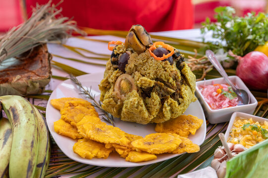Chicken juane wrapped in bijao leaves. Peruvian jungle food, in all its varieties. Feast of San Juan, Iquitos Peru