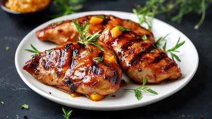 Grilled chicken with mango chutney, served on a white porcelain plate against a dark slate background