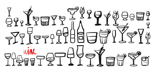 Isolated vector set of wine and alcoholic beverage glasses and tumblers. Hand drawn sketch. Red and black drawing on white background..